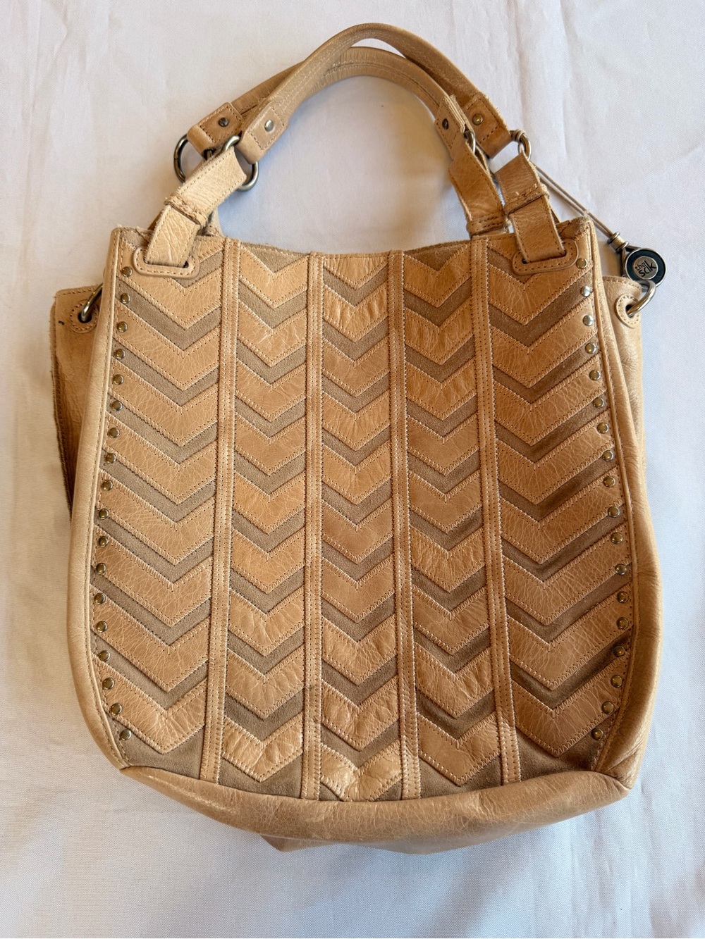 The Sak Collective Salinas Tote Tan Chevron-Pattern Leather with Silver Studs